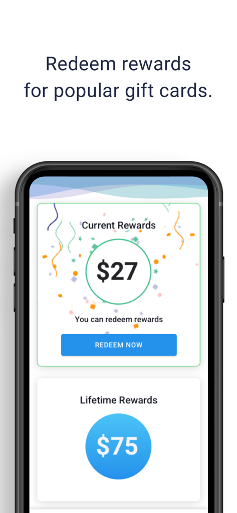 Product Report Card - Product Report Card app screen showing current rewards of 27 dollars and a redeem button