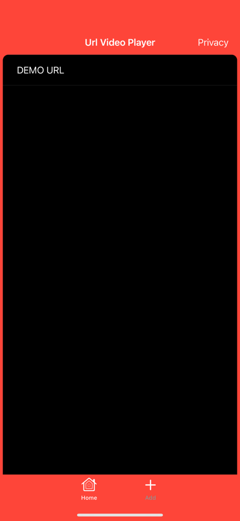 Home screen of the Url Video Player app showing a saved demo URL and bottom navigation menu