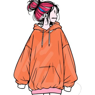 realistic girl with a oversized sweatshirt on and a bun