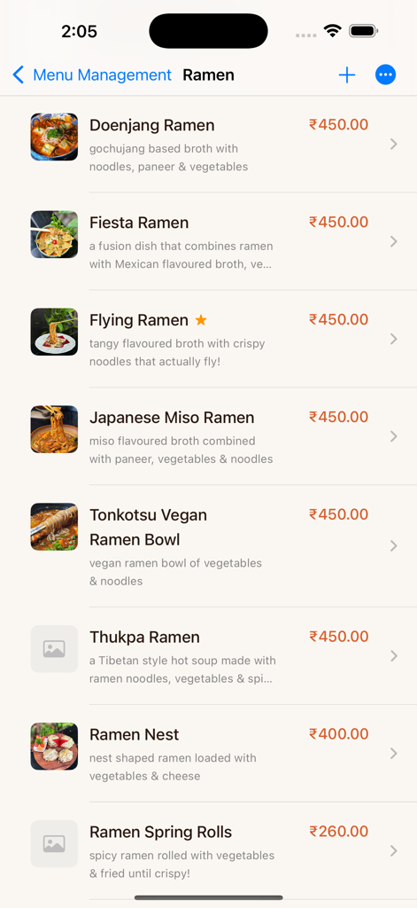 The Lazy Potato - Restaurant menu management screen showing ramen dishes with prices and photos