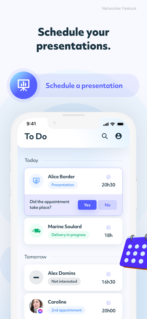 Una pantalla de smartphone que muestra la lista de tareas pendientes de la aplicación WO mlm con presentaciones programadas y tareas de seguimiento de prospectos.