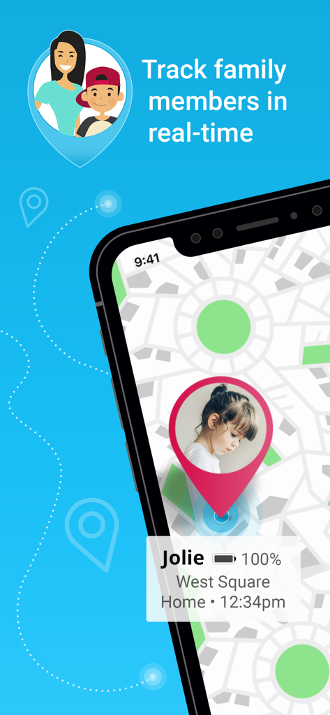 Family Locator & GPS Tracker - Screenshot of the Family Locator app showing a child's real-time location on a map with battery level and arrival time