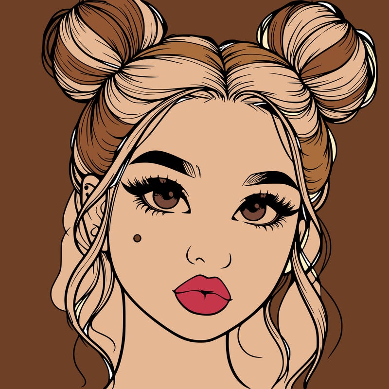 realistic girl with two buns on her hair and lips