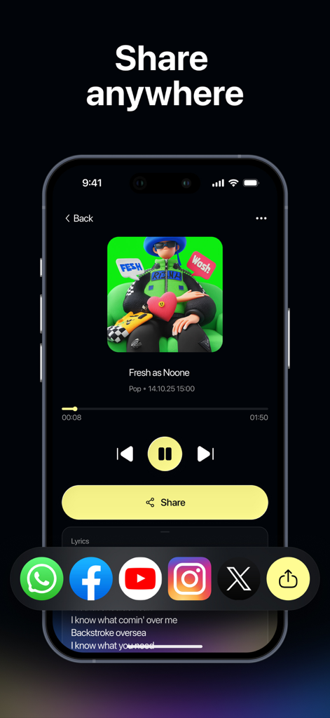 Soundraw: AI Song Music Maker - Soundraw app interface showing a music player with social media icons for sharing AI generated songs to platforms like TikTok and Instagram