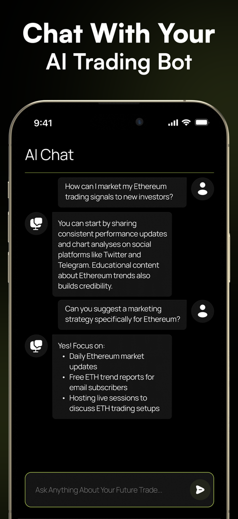 TradeGPT mobile app interface showing a chat with an AI trading assistant about Ethereum trading strategies
