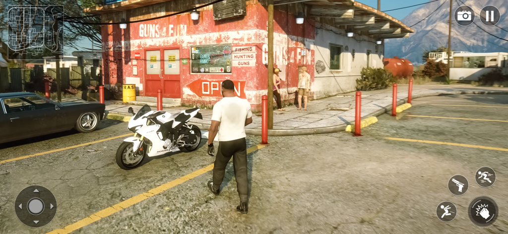 Rise of Gangsters : Crime City - Eine Figur steht in der Nähe eines weißen Sportmotorrads vor einem Waffengeschäft in Rise of Gangsters Crime City.