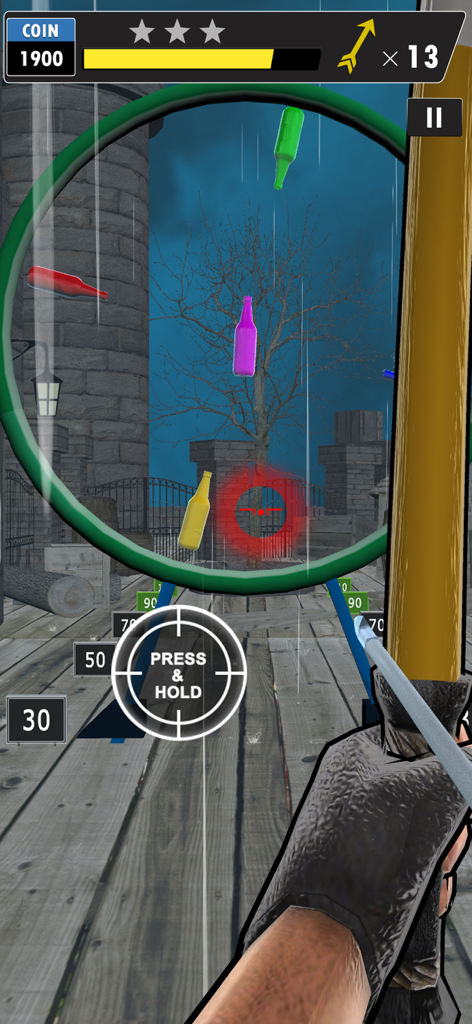Archery Games : Bow and Arrow - In-game screenshot of Archery Games showing first person bow aiming at colorful bottles.