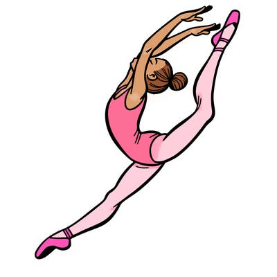 gymnast doing a leap in a leotard with a bent back leg