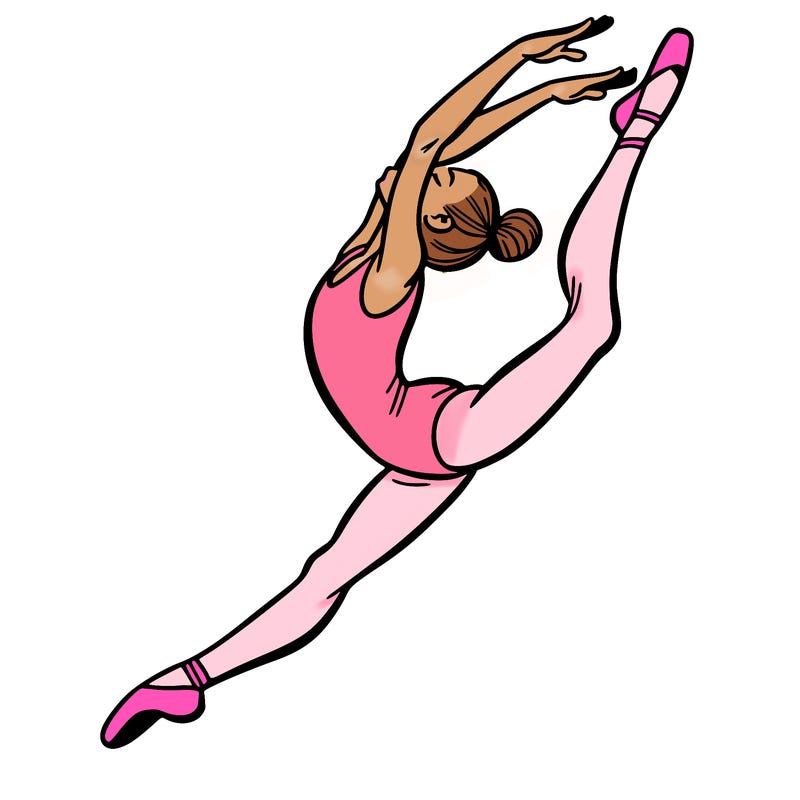 gymnast doing a leap in a leotard with a bent back leg