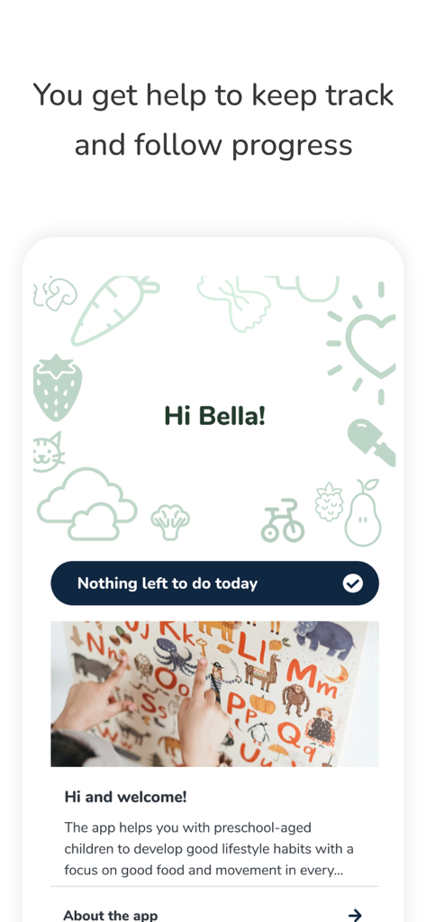 MINISTOP - MINISTOP app home screen displaying a daily progress tracker and welcome message for healthy toddler lifestyle habits