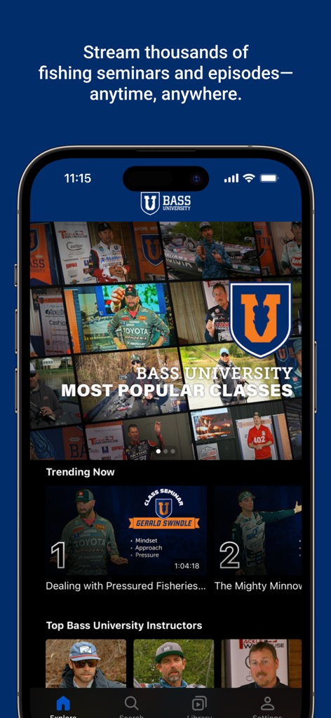 Bass University app home screen displaying professional fishing seminars and classes