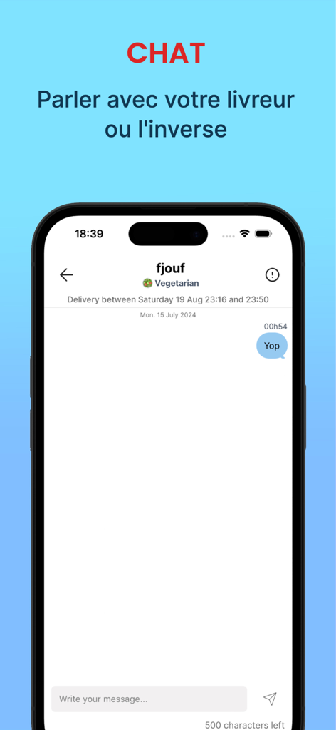 Delivraide - In-app chat screen of Delivraide showing a message conversation between a student and a delivery driver