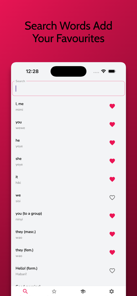 Swahili Learning - Beginners - 스와힐리어 대명사와 구문의 검색 가능한 목록과 즐겨찾기 기능을 보여주는 인터페이스.