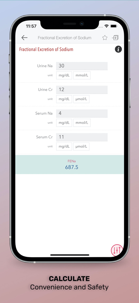 Washington Manual Medical Ther - Screenshot of the Washington Manual app showing a medical calculator for Fractional Excretion of Sodium with input fields for urine and serum values