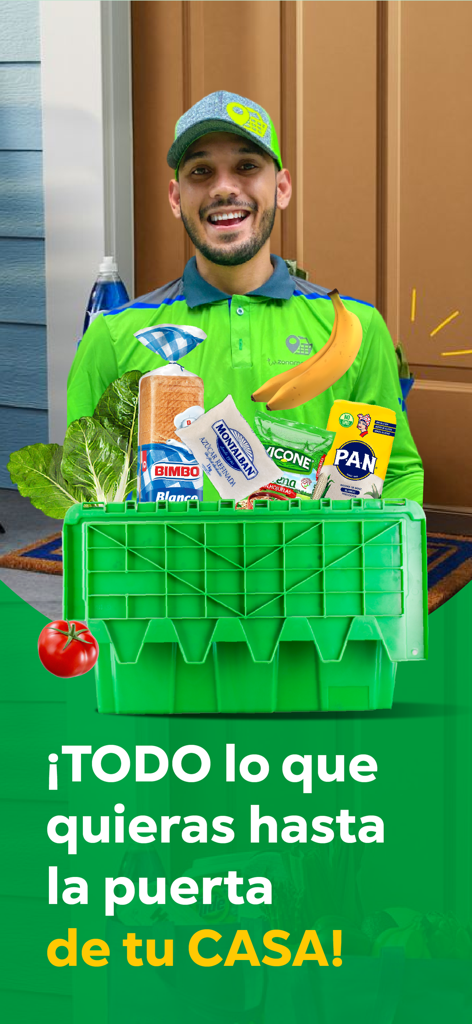 Tu Zona Market - A smiling delivery man holding a green crate filled with grocery products like bread, bananas, and flour in front of a house door.