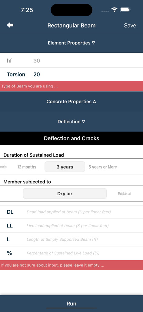 Captura de pantalla de la aplicación Viga Rectangular que muestra la interfaz de entrada de deflexiones y fisuras con parámetros de duración de la carga y exposición ambiental