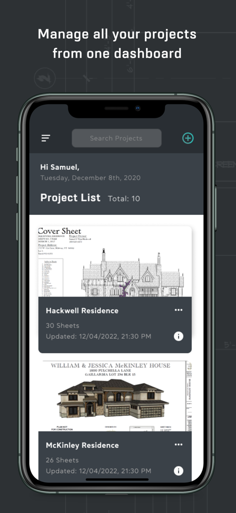 A mobile dashboard within the ProPlans app showing a project list with architectural plan thumbnails.