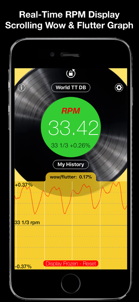 RPM - Turntable Speed Accuracy - Uma tela de smartphone exibindo o aplicativo RPM com medição de velocidade do toca-discos em tempo real e um gráfico de rolagem de wow e flutter