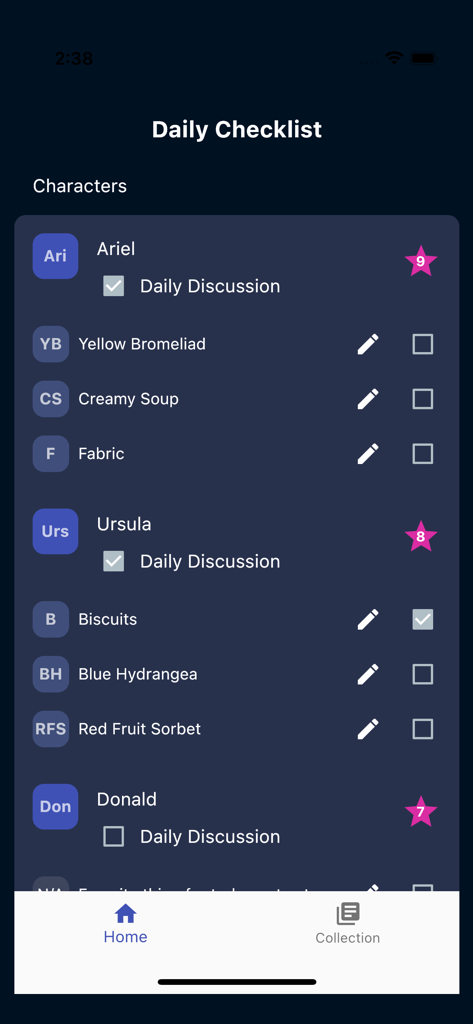 DLVGuide for Dreamlight - Daily checklist screen for tracking character gifts and discussions