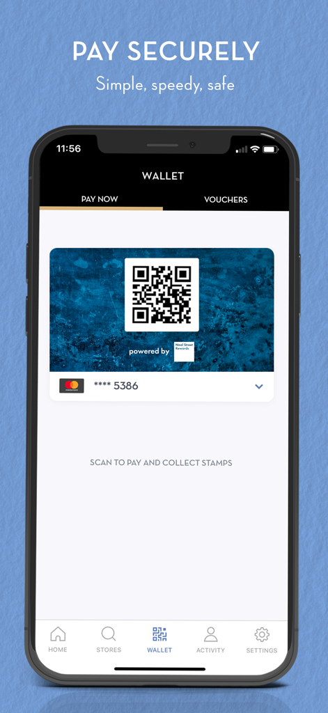 Caffè Nero app wallet interface showing a QR code for secure payment and loyalty stamp collection