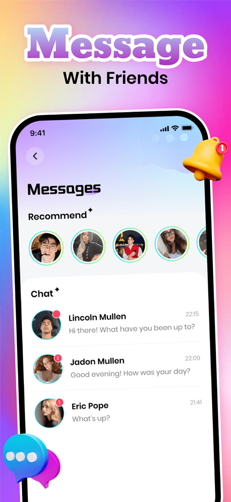 Blimi: Adult Show, Connect - The Blimi app messaging screen showing a list of active chats and recommended friends for social connection