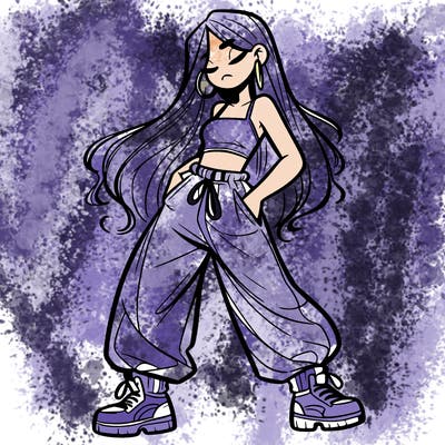 girl in baggy pants crop top and long hair