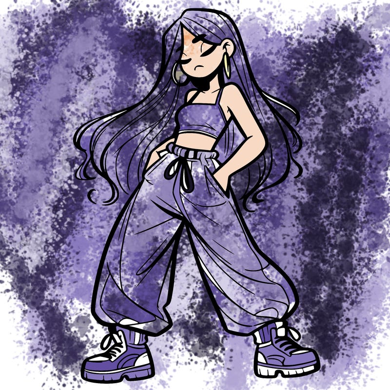 girl in baggy pants crop top and long hair