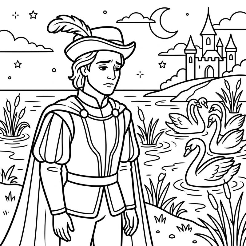 Step into the world of Swan Lake with this elegant coloring page featuring Prince Siegfried. Designed with clear, bold lines, it offers a serene and engaging coloring experience perfect for seniors.