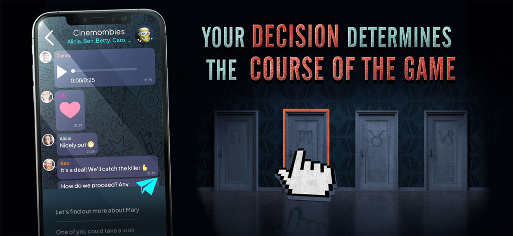 Uno smartphone che mostra una chat di gruppo e diverse porte che rappresentano le scelte del giocatore nel gioco horror Argus Urban Legend