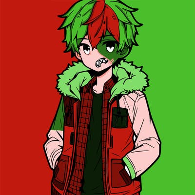 anime male, with big jacket, hands in his pockets