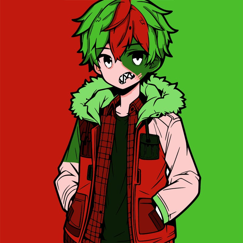 anime male, with big jacket, hands in his pockets