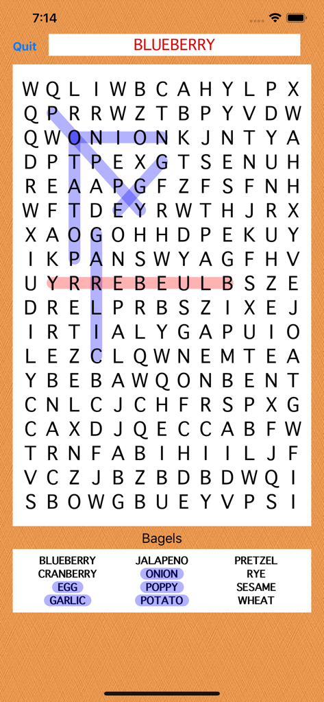 Food Word Search - A mobile word search puzzle featuring various bagel flavors like blueberry and garlic