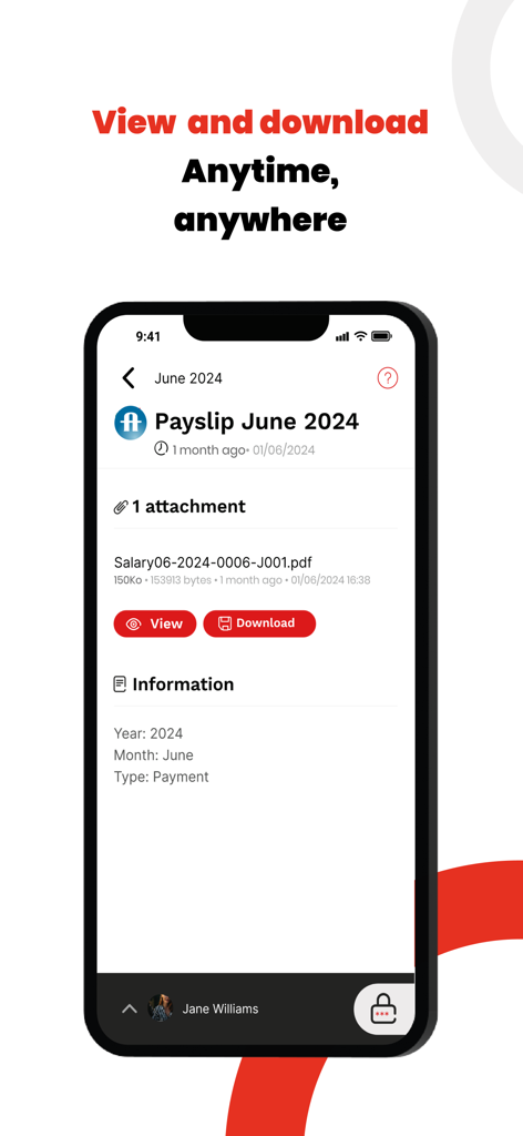 A mobile phone screen showing the SeeZam Lite app interface displaying a secure payslip document with options to view and download anytime anywhere