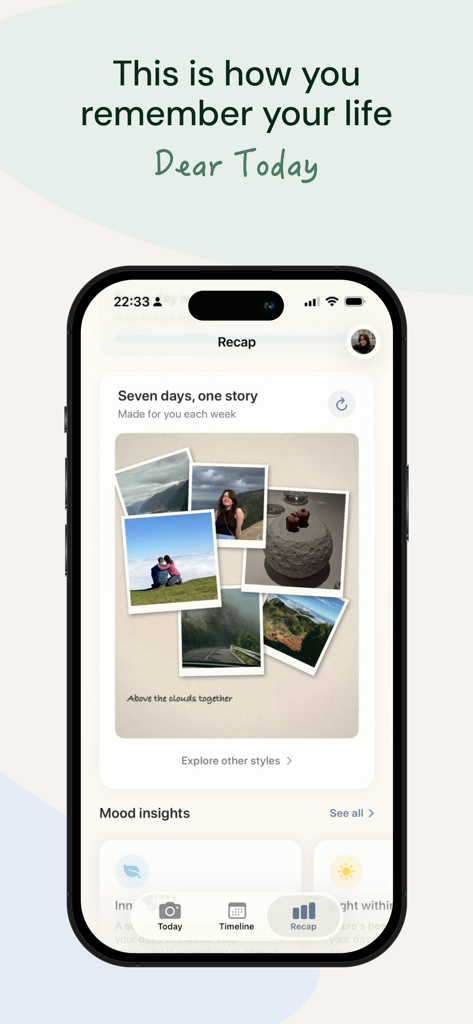 Dear Today: Photo Journal - Resumen visual semanal que muestra un collage de fotos e información sobre el estado de ánimo en la aplicación Dear Today.
