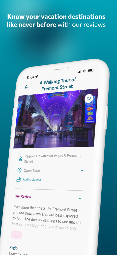 A mobile app screen showing a walking tour and expert review of Fremont Street in Las Vegas.