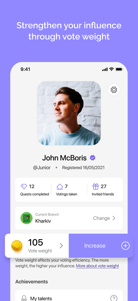 Qela - Benutzerprofil der Qela-App mit Statistiken für abgeschlossene Quests und Einfluss auf das Abstimmungsgewicht