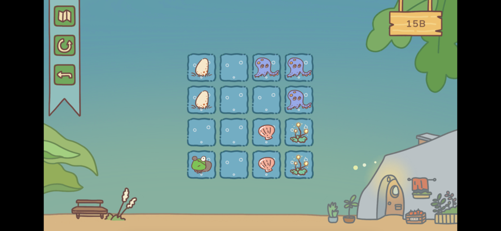 Cozy sliding puzzle gameplay in Animal Planner featuring cute octopuses and ocean items on a grid.
