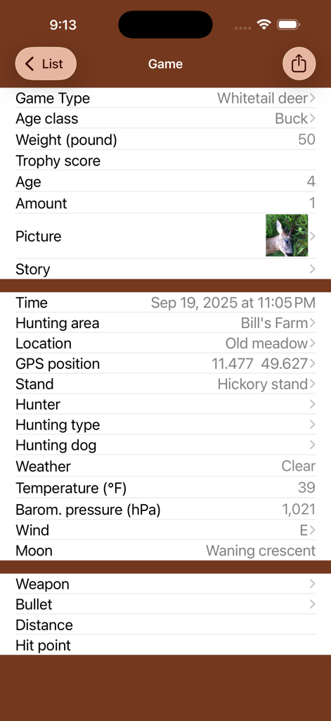 Screenshot of the iHunt Journal app showing a detailed game harvest log for a whitetail deer with weather and location data