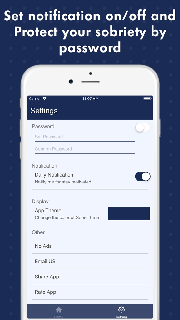 Sober Tracker – Quit Addiction - Settings screen for Sober Tracker app showing password protection and notification options