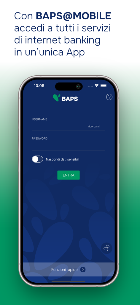 BAPS@MOBILE - Interfaccia di login dell'app di mobile banking BAPS su smartphone