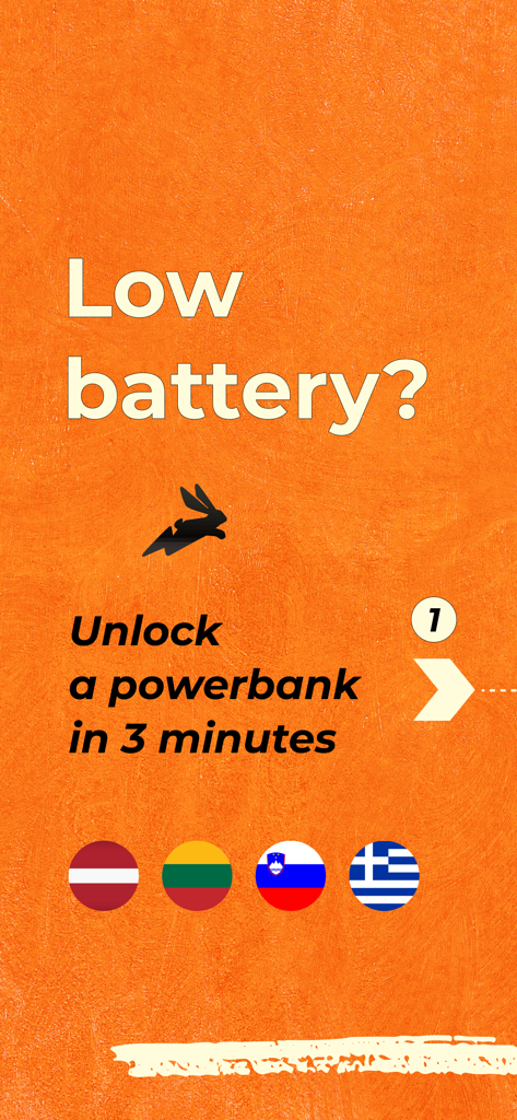 PowerRabbit: powerbank sharing - PowerRabbitアプリの紹介画面、バッテリー残量低下のメッセージと3分でモバイルバッテリーのロックを解除するオプションが表示されている