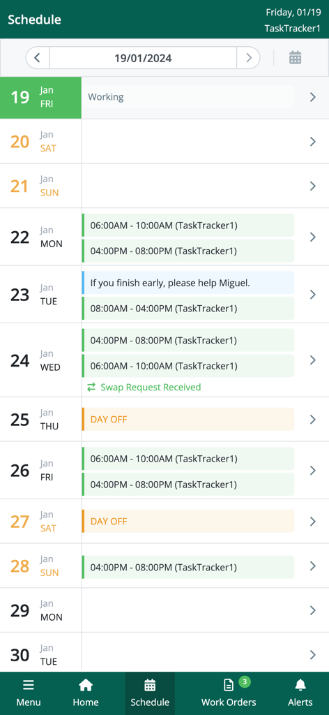 ASB Employee - Work schedule interface in the ASB Employee app showing daily shifts and day off requests