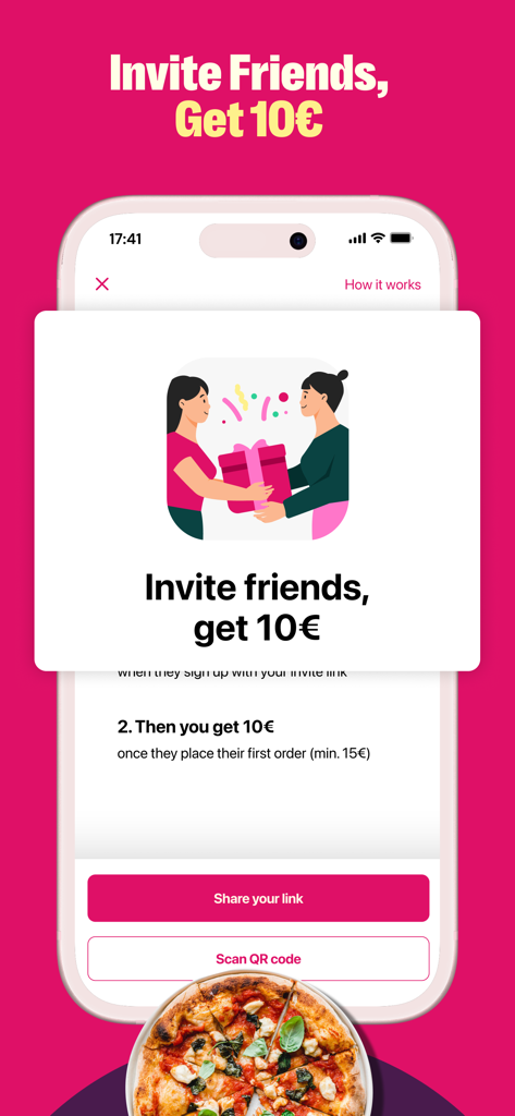 foodora AT: Food & Groceries - Foodora AT app referral screen offering a 10 Euro reward for inviting friends.