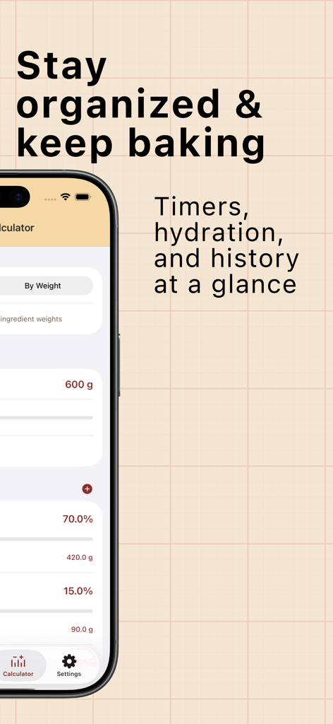 Yeasta: Sourdough Tracker - Interface da calculadora de hidratação de fermento natural no aplicativo Yeasta mostrando pesos e porcentagens.