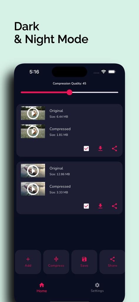 Video Compressor app interface in dark mode showing original and compressed video file sizes with a quality slider.