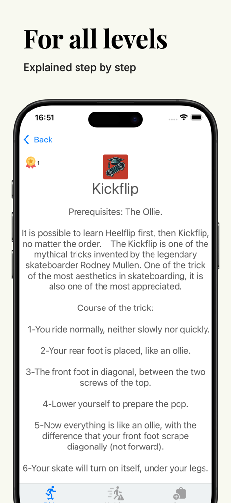 Un tutorial paso a paso de kickflip con instrucciones y requisitos previos en la aplicación Skate Tricks.