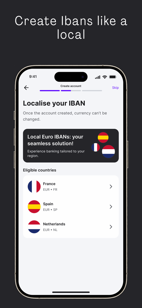 Wamo app screen showing options to create local European IBANs for France Spain and the Netherlands