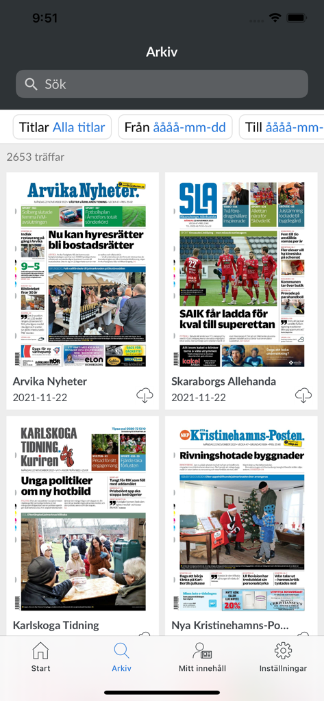 NWT Mediaアプリのアーカイブビューには、Arvika NyheterやSkaraborgs Allehandaなどの複数のスウェーデンの地方電子新聞版が表示されています。