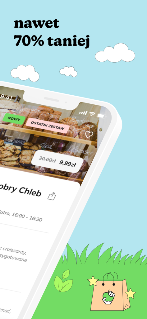 Foodsi: Don’t waste it - Foodsi app interface displaying up to 70 percent discounts on local bakery surplus food
