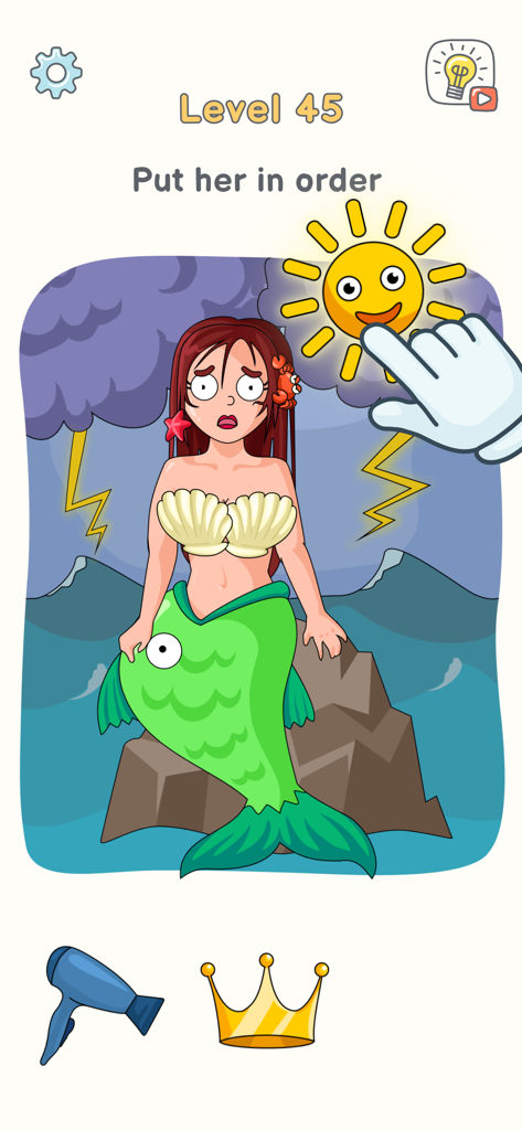 DOP 3: Displace One Part - Jogabilidade de DOP 3 mostrando um nível de quebra-cabeça de sereia com uma mão movendo um ícone de sol